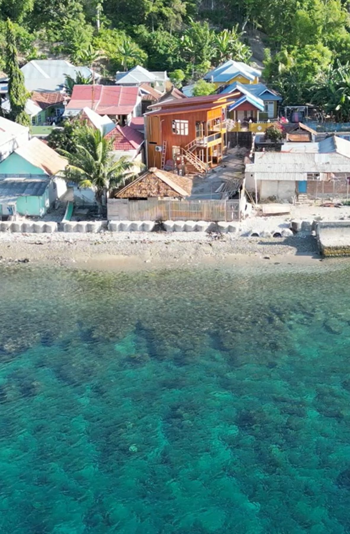 Aerial view of the resort and house reef at Botubarani